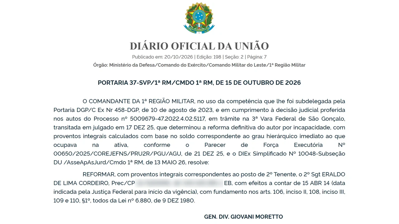 Sargento do Exército que ficou incapaz após acidente em serviço levou a União à Justiça e ganhou reforma com salário de segundo-tenente, contado desde abril de 2014, mostra portaria publicada nesta semana