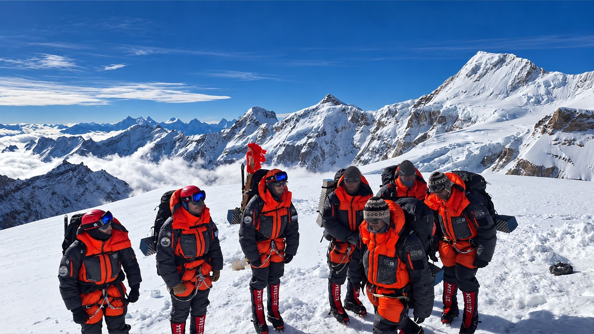 Montanhistas da expedição Argentina-Índia avançam sobre a neve em grande altitude no Himalaia, cercados por picos nevados.